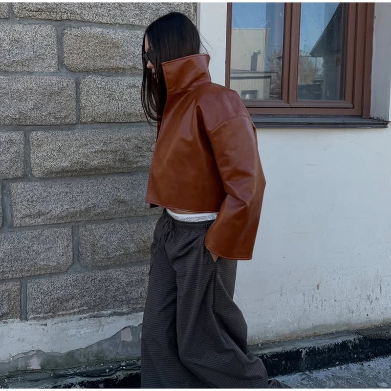 Cappotto da donna ampio a tinta unita, a maniche lunghe, con collo alto, top corto, moda estiva autunnale 2026, capospalla femminile streetwear