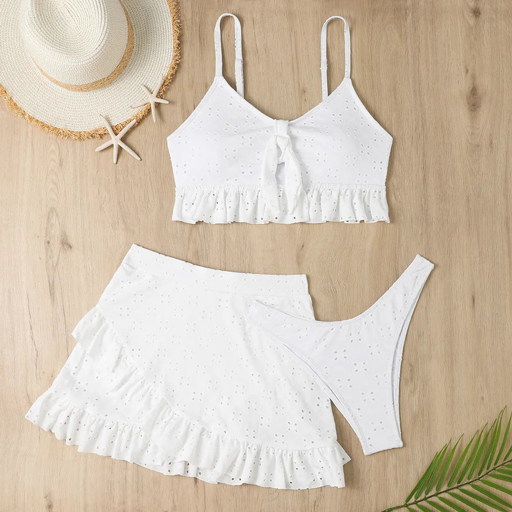 Sexy White Ruffle Bikini 2024 Women Three Pieces Swimsuit Brazilian Swimwear Female Beachwear Thong Bathing Suit Mini Biquini