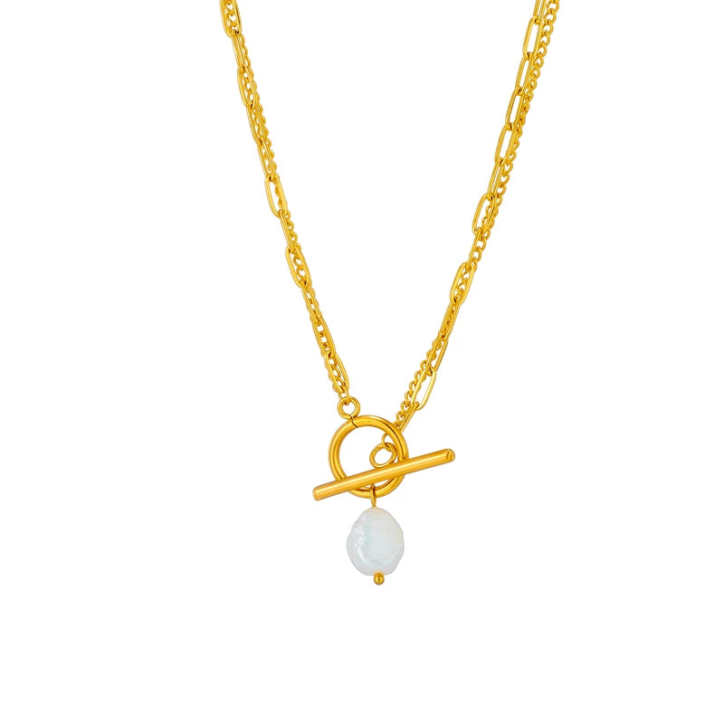 DIEYURO Acciaio Inossidabile 316L OT Chiusura Grande Collana con Ciondolo di Perle Per Le Donne Nuove Ragazze Catena a 2 Strati Gioielli Regali Del Partito Bijoux