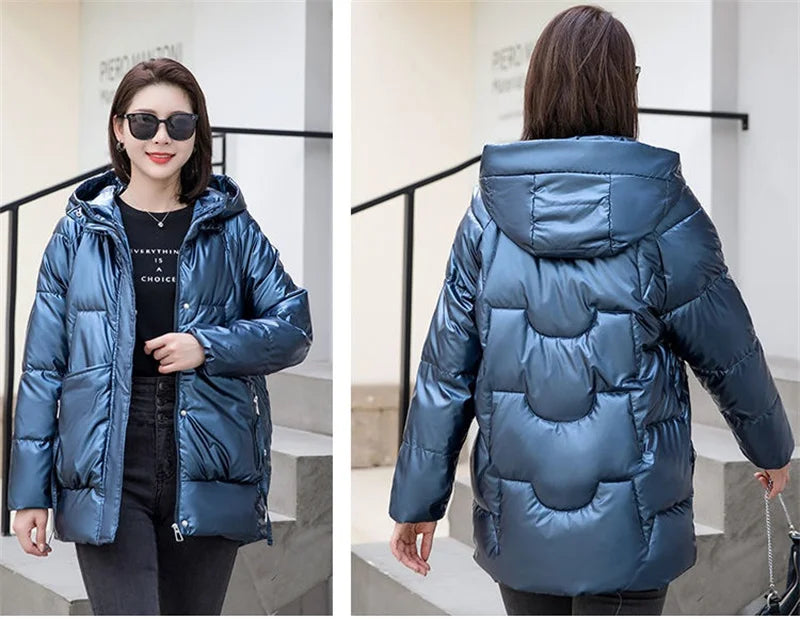 Nuova Giacca Invernale 2026 per Donna, Parka Lucido Imbottito in Cotone, Giacca Femminile Tinta Unita, Cappotto Caldo con Cappuccio