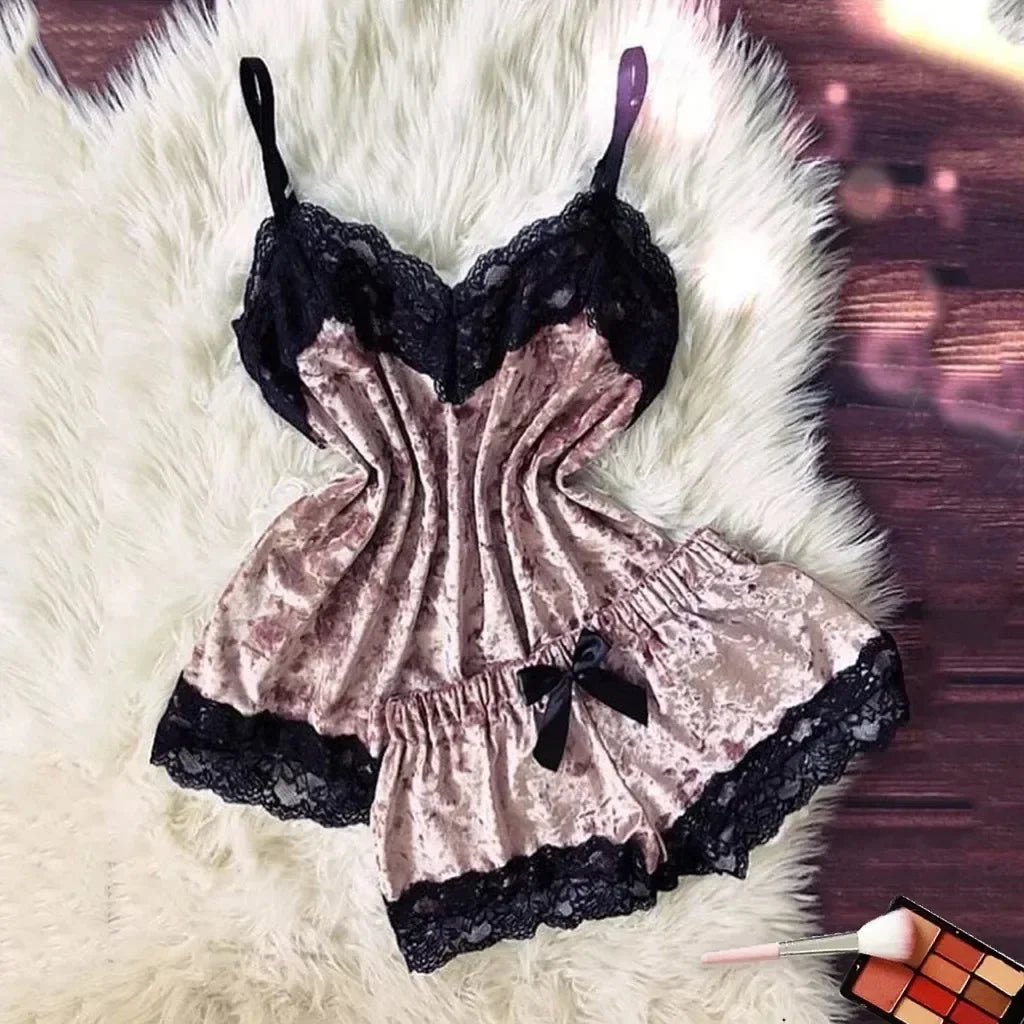 Summer Lace Sleepwear Sexy Satin Pajamas Set Women Nightshirt 2 Pieces Crop Tops and Shorts Set Homewear Loungewear