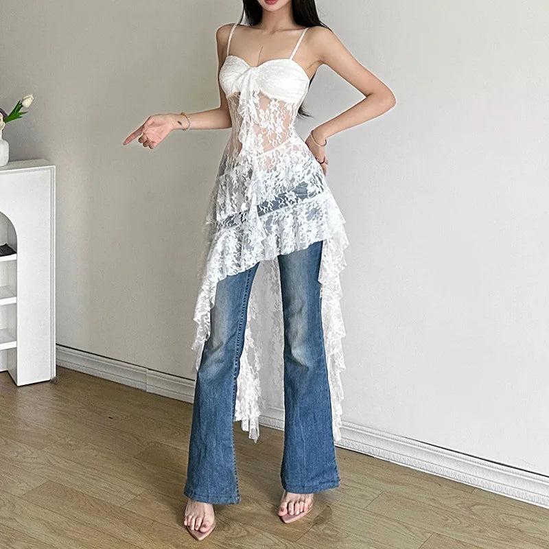 SINGREINY Abito lungo irregolare in pizzo da donna Camis Tubino Sensuale Abito trasparente Moda Streetwear Scava fuori Ruffles Abiti sexy