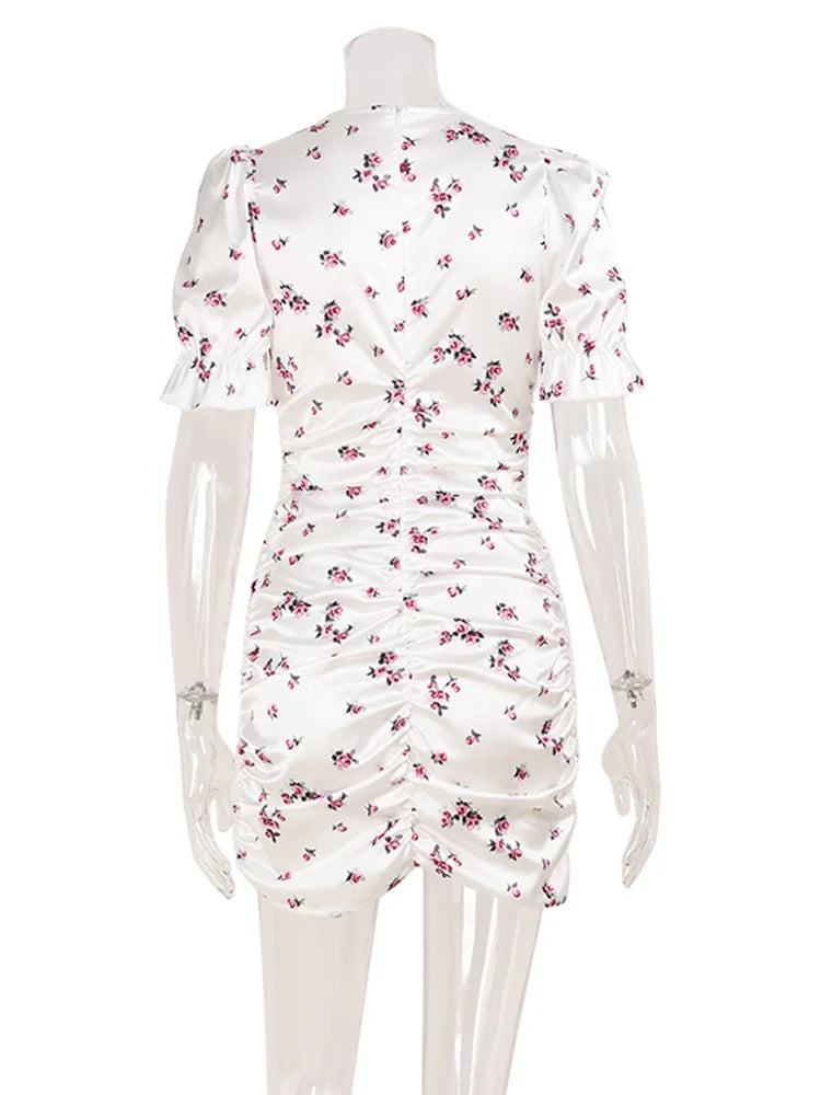Ahagaga Mini abiti eleganti da donna Maniche corte a sbuffo Profondo scollo a V Stampa Guaina a pieghe Aderente Abiti casual floreali sexy