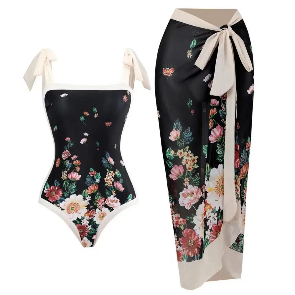 2 pezzi/set costume monokini da donna stampa vintage costume intero con cravatta al collo quadrato con gonna costume da bagno da donna con copertura da spiaggia