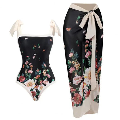 2 pezzi/set costume monokini da donna stampa vintage costume intero con cravatta al collo quadrato con gonna costume da bagno da donna con copertura da spiaggia