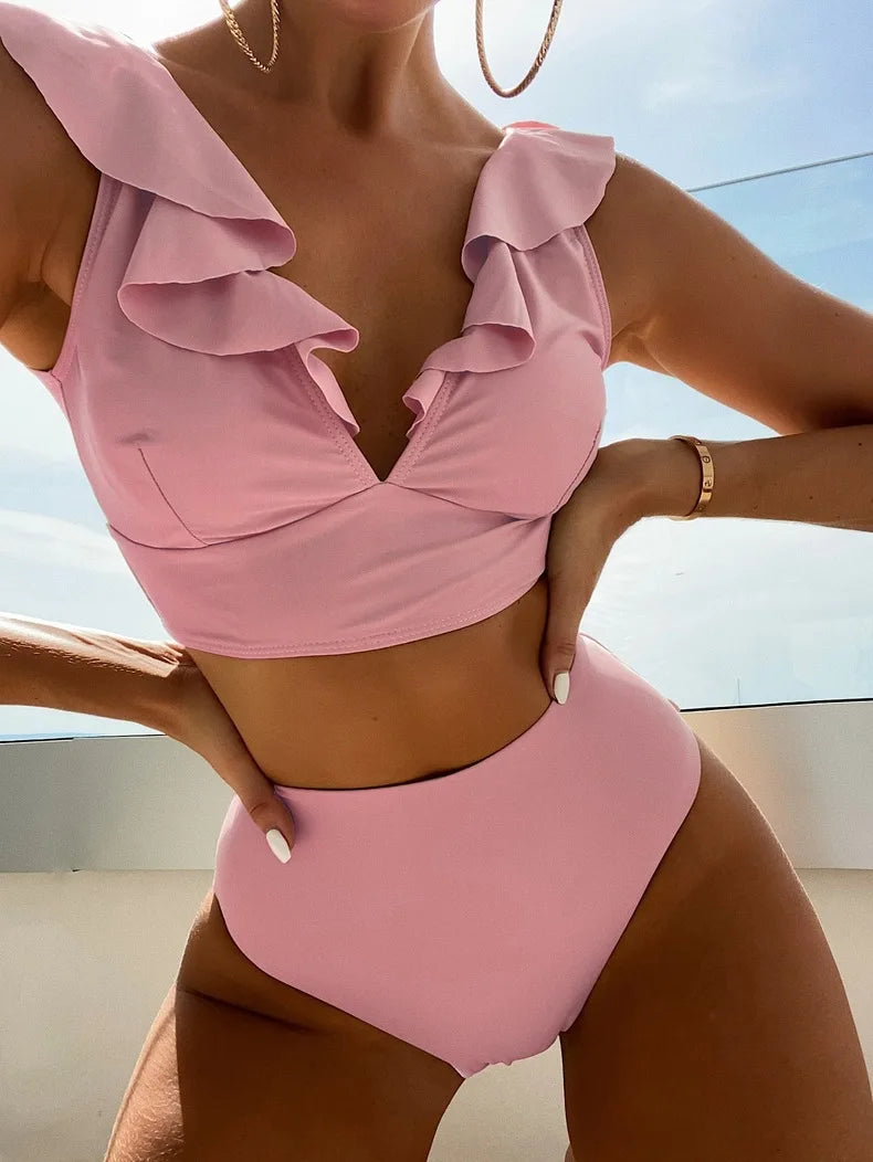 Damen-High-Waist-Bikini-Sets, V-Ausschnitt, Rüschen, zweiteilige Badeanzüge, Push-Up-Badeanzüge