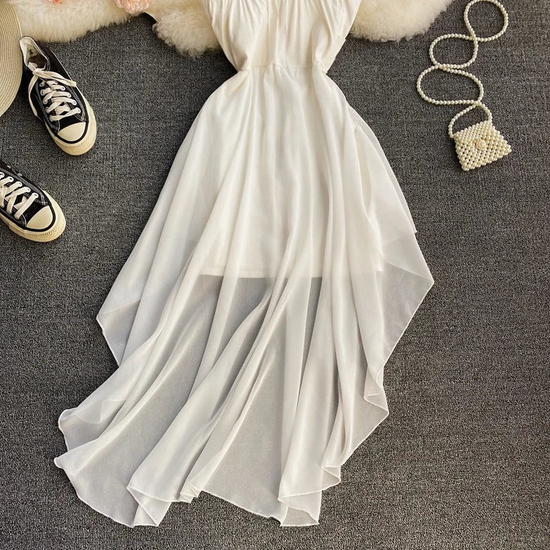 Ins Fashion Slim abito da donna asimmetrico a vita alta 2021 nuova estate elegante bianco nero abito da festa abiti da donna