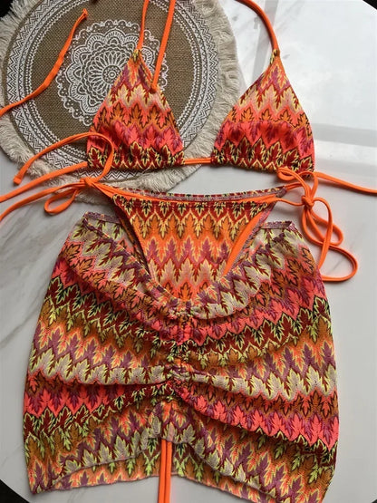 Costume da bagno donna Gonna bikini lavorata a maglia con foglie d'acero colorate Set tre pezzi Costume da bagno diviso Bikini