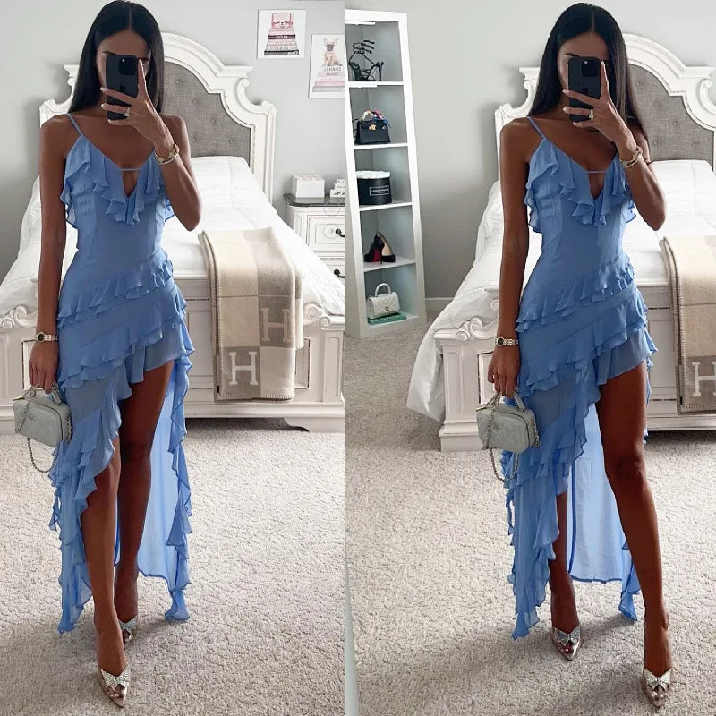 Summer Hot  Sexy Camisole Fashion Asymmetric Irregular Solid Color V-neck Dress Formal Tie Holiday Beach Dress