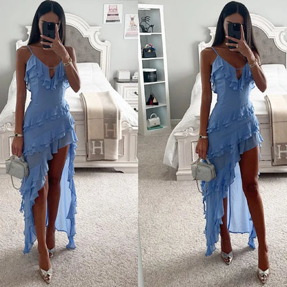 Summer Hot  Sexy Camisole Fashion Asymmetric Irregular Solid Color V-neck Dress Formal Tie Holiday Beach Dress