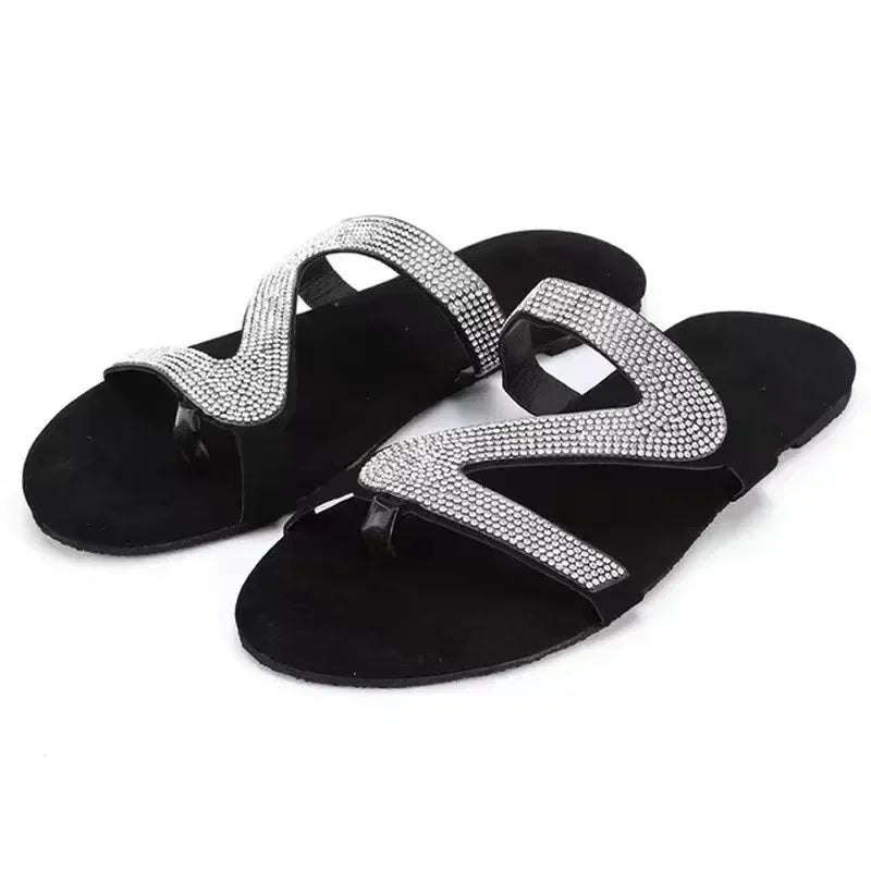 Sandales sexy pour femmes Plage d'été Bouche peu profonde Strass Défilé de mode pour femmes Chaussures confortables et légères Sandales féminines