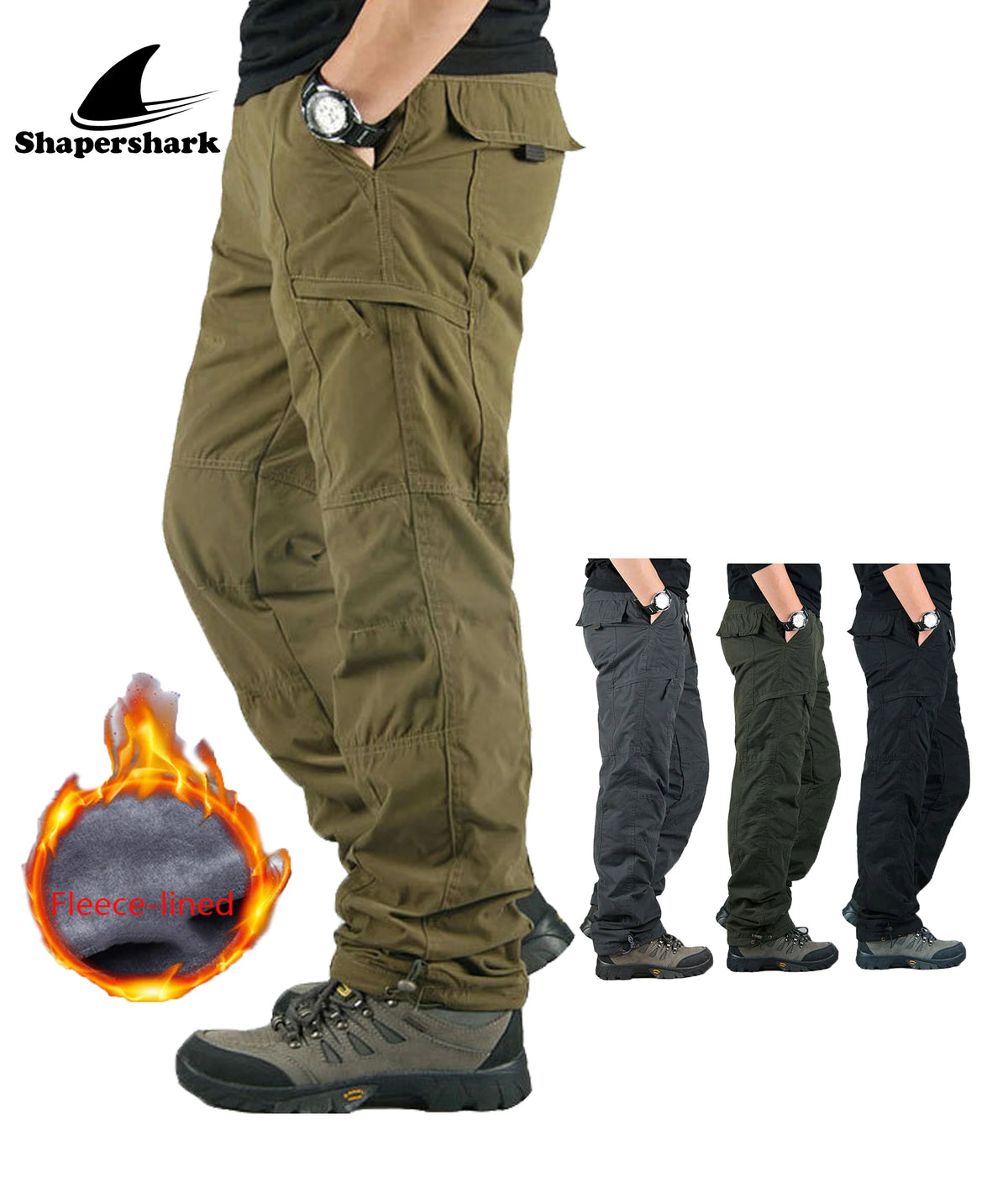 Shapershark Pantaloni da lavoro foderati in pile da uomo per l'autunno/inverno Pantaloni foderati in cotone caldo Pantaloni sportivi tinta unita Design multitasche