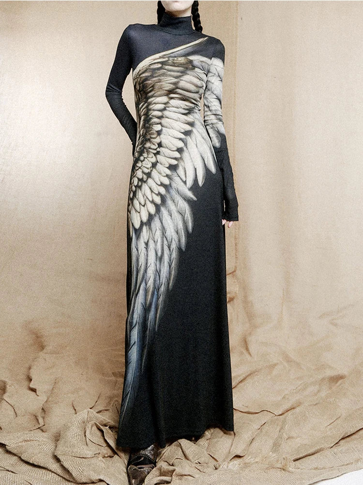 CHEERART Abiti a maniche lunghe con piume ad ala vintage Autunno 2025 Moda donna dolcevita maglia una linea maxi abito da sera di lusso