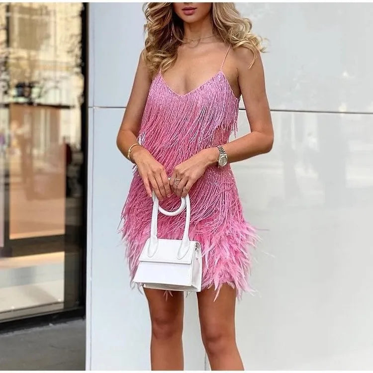 Abito estivo elegante con nappe e paillettes Abito da donna sexy sottile senza maniche con scollo a V a vita alta con bretelle e cuciture in piume