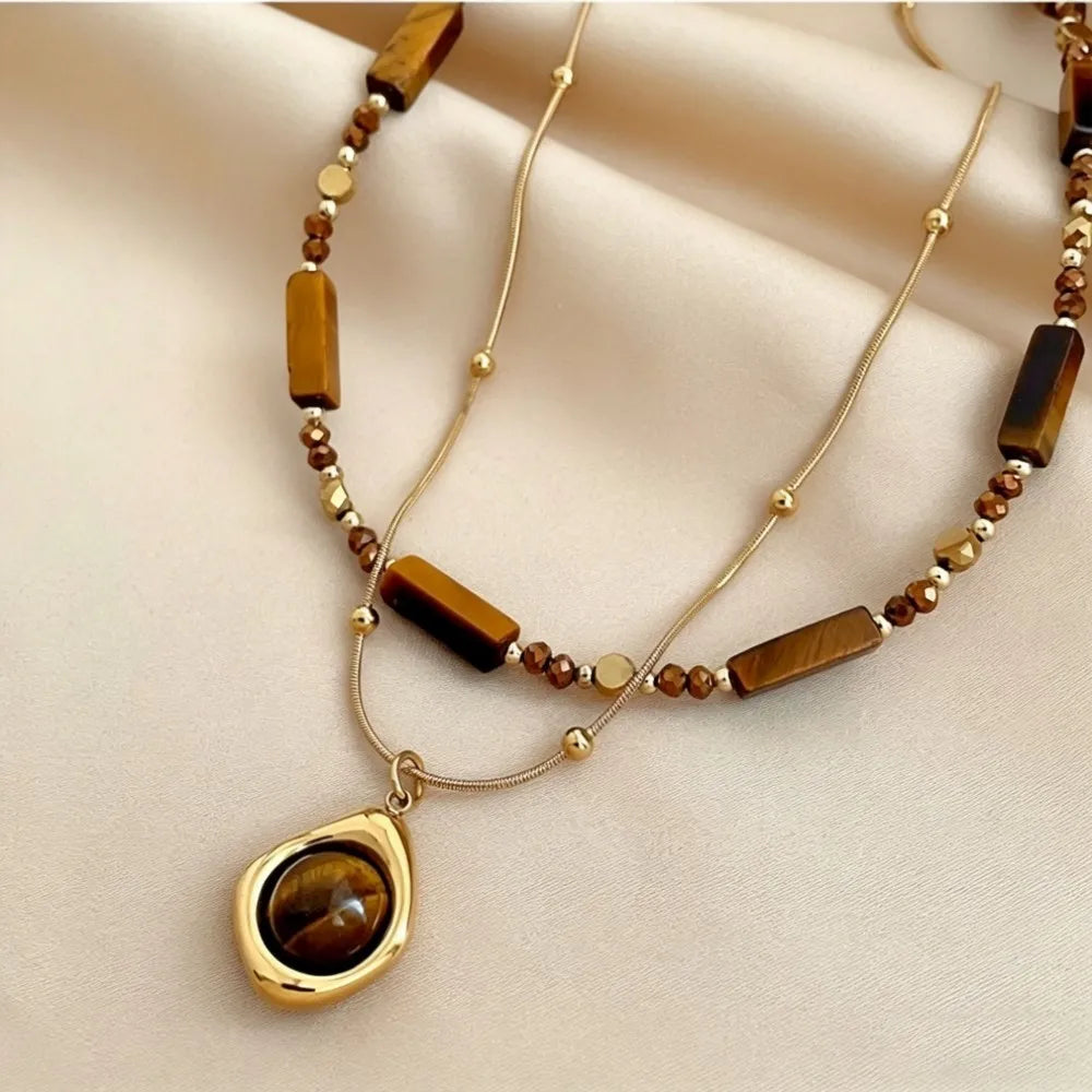 Collana con ciondolo a strati in pietra occhio di tigre stile retrò per donna, set di gioielli con catena a clavicola in acciaio inossidabile