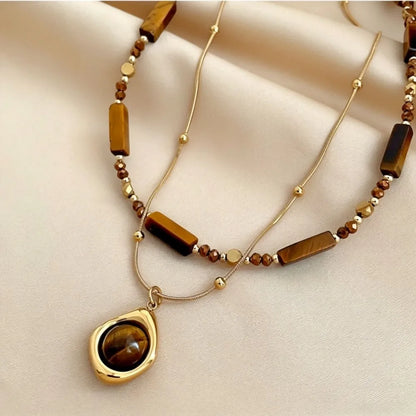 Collana con ciondolo a strati in pietra occhio di tigre stile retrò per donna, set di gioielli con catena a clavicola in acciaio inossidabile