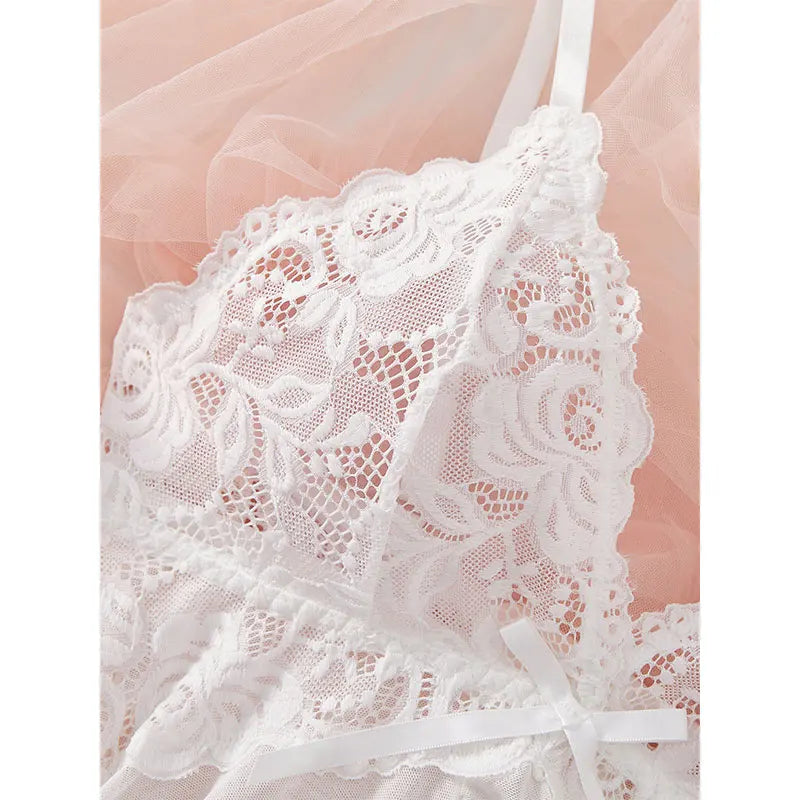 Pigiama lingerie erotica push up in pizzo a V profondo Set pigiama estivo sottile donna camicia da notte abito da notte caldo reggiseno sexy taglie forti perizoma da notte