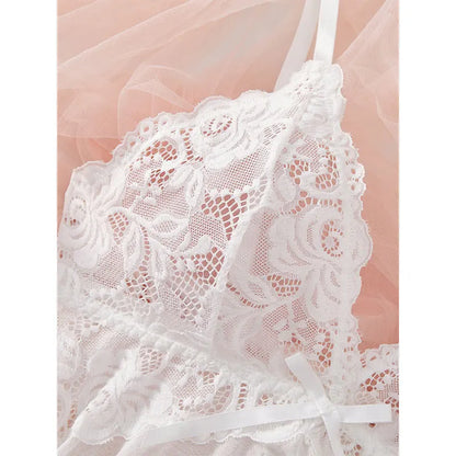 Pigiama lingerie erotica push up in pizzo a V profondo Set pigiama estivo sottile donna camicia da notte abito da notte caldo reggiseno sexy taglie forti perizoma da notte