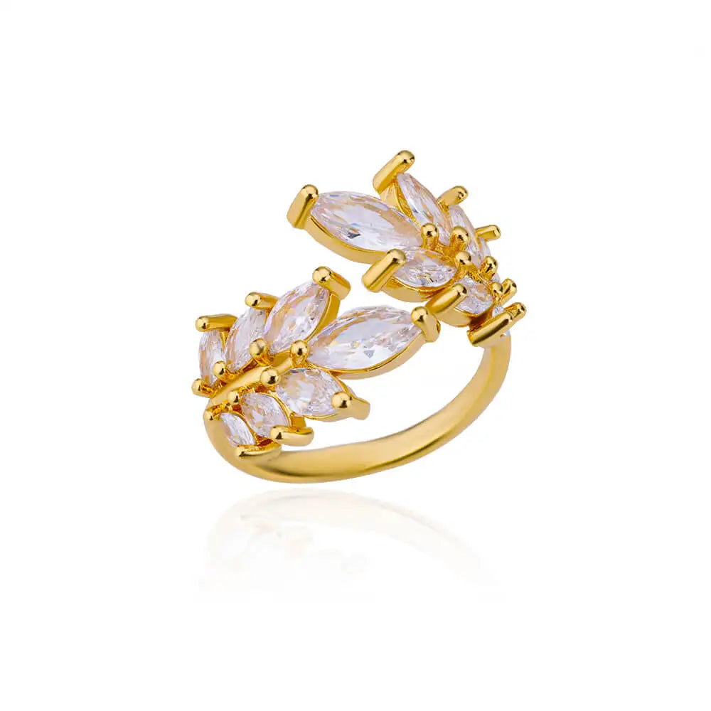 Anelli a foglia a doppio strato con zirconi di lusso per le donne Anello in acciaio inossidabile color oro Boho Coppia gioielli Accessori anelli mujer