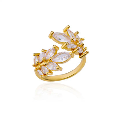 Anelli a foglia a doppio strato con zirconi di lusso per le donne Anello in acciaio inossidabile color oro Boho Coppia gioielli Accessori anelli mujer