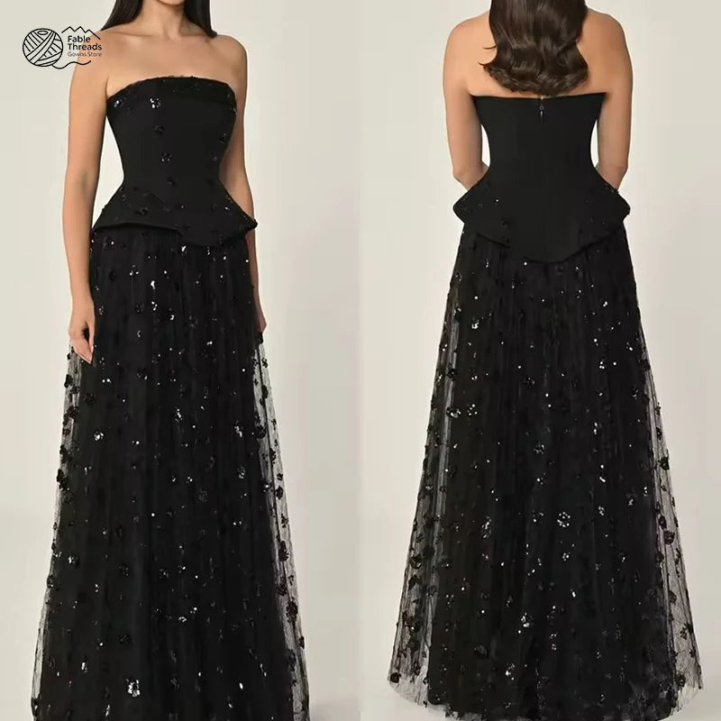 Abito da sera in tulle nero delicato personalizzato senza spalline senza maniche Abiti da celebrità Vestido De Festa Fiori Temperamento morbido