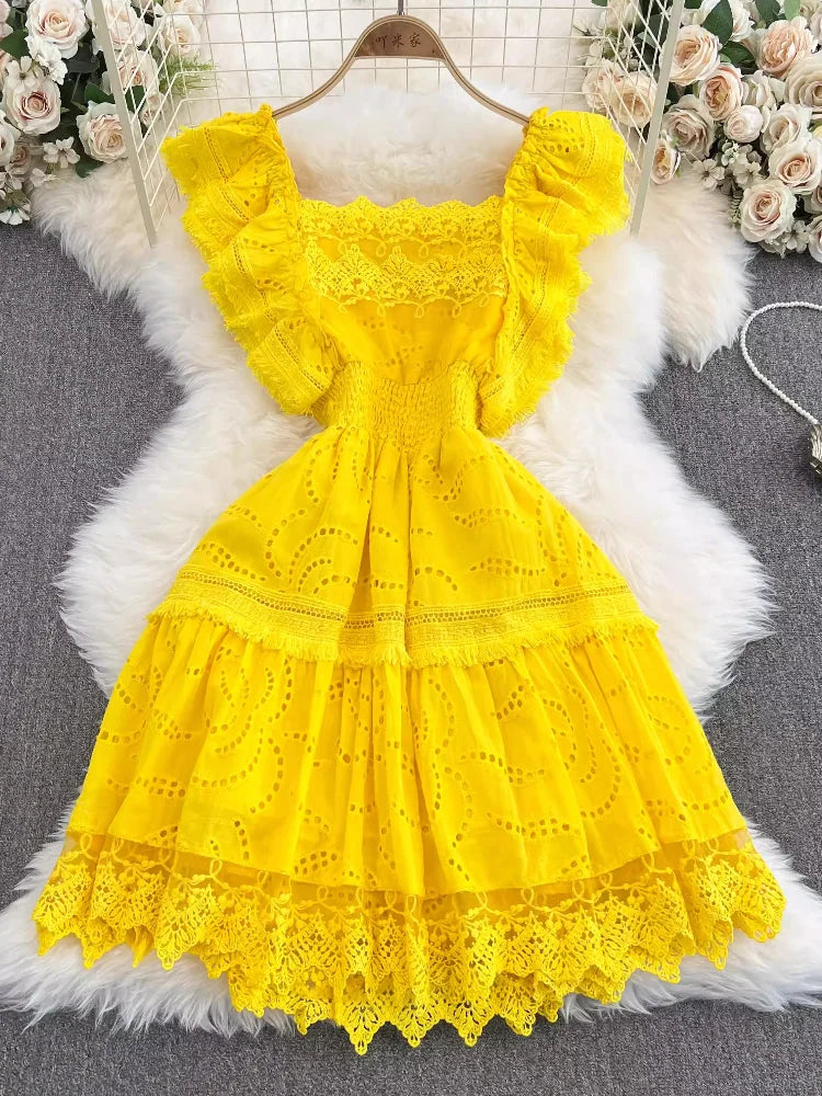 Abito da festa elegante da donna abito estivo Vintage con scollo quadrato e volant manica corta abiti coreani da donna Slim a-line abito lungo con scollo alto