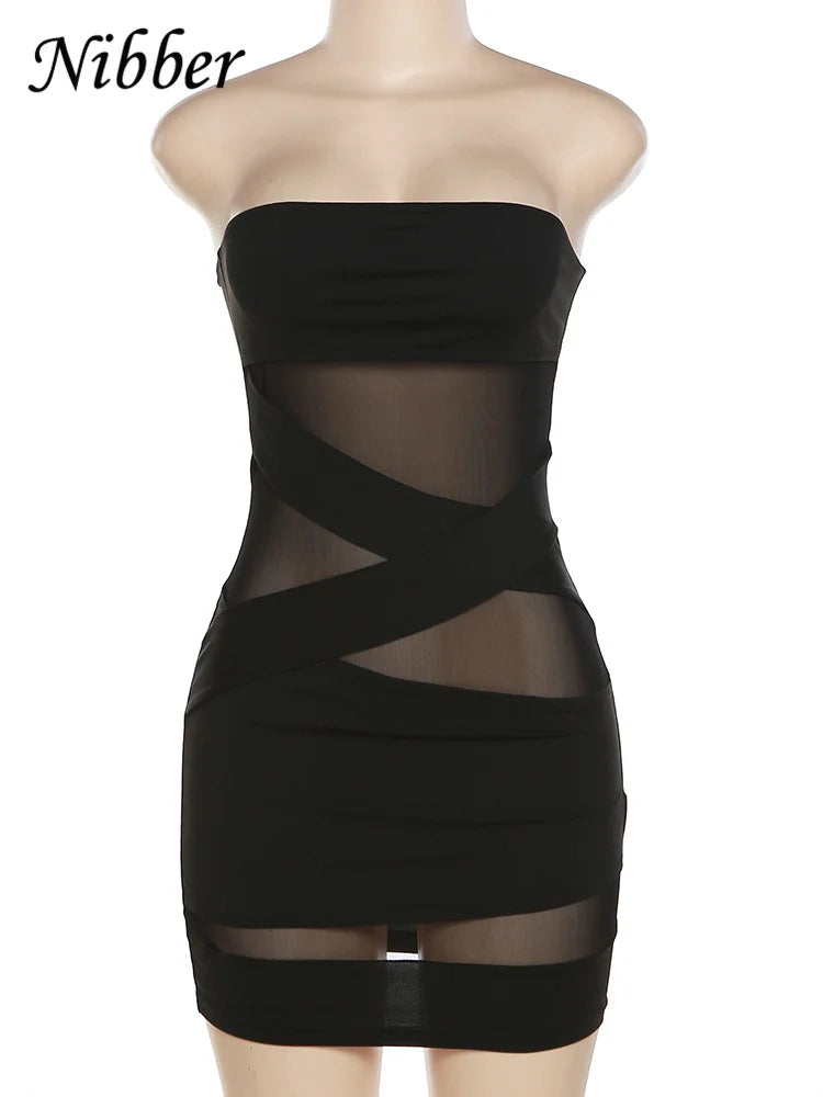 Nibber See think Mesh Patchwork Mini Dress Bandage Wrapped Chest Women Sexy Hip Wraps abiti Female Partywear Colthing