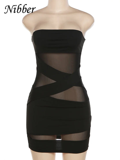 Nibber See think Mesh Patchwork Mini Dress Bandage Wrapped Chest Women Sexy Hip Wraps abiti Female Partywear Colthing