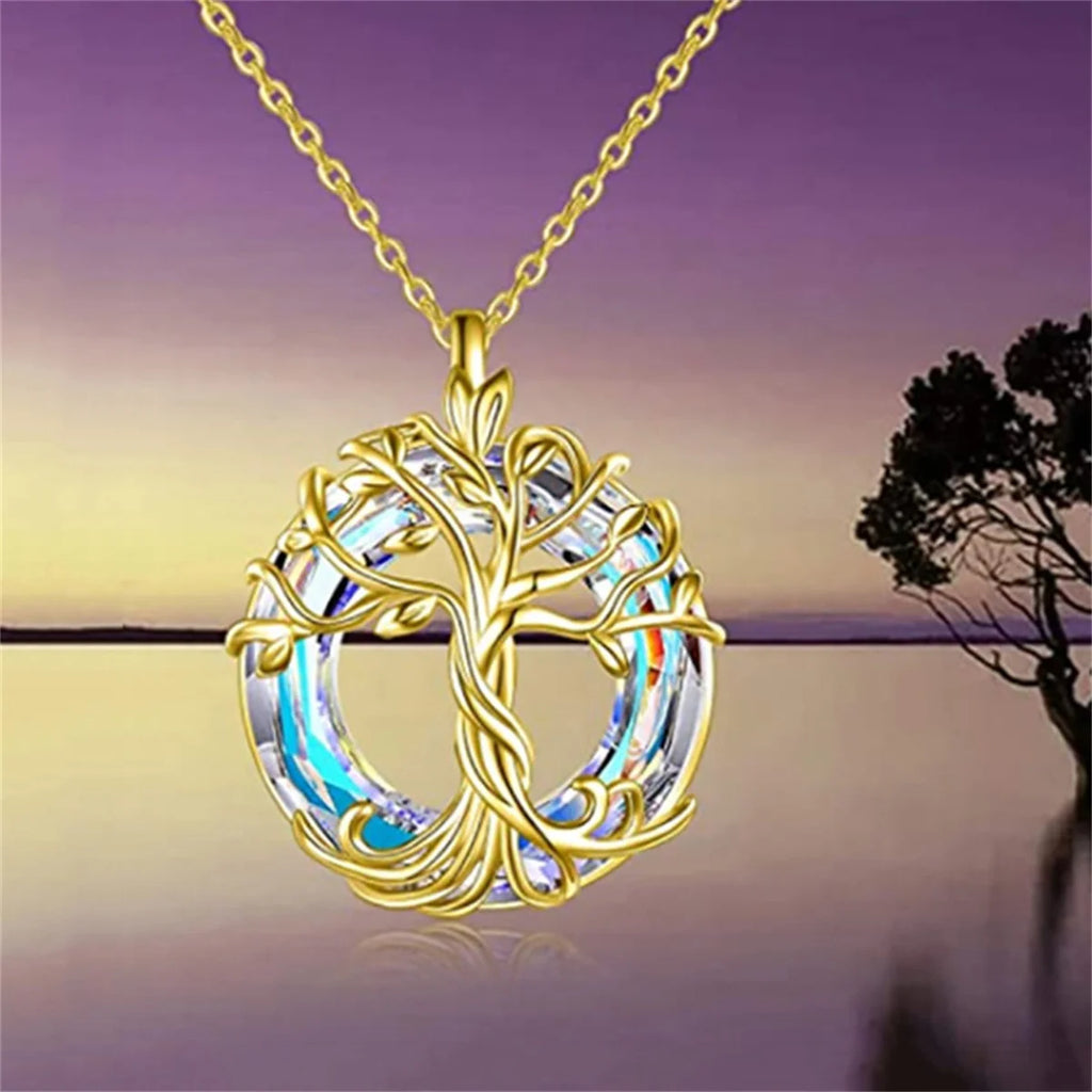 Collana Albero della Vita con Cristallo Circolare, Squisito Ciondolo a Forma di Albero Genealogico, Gioiello Regalo per Donne, Mamma, Figlia