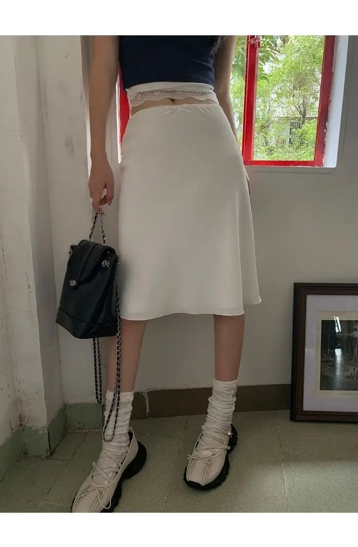 Gonna in raso da donna bianca elegante Deeptown Gonna a metà con volant Fairycore Coquette A-line Gonna estiva casual in seta stile coreano di base