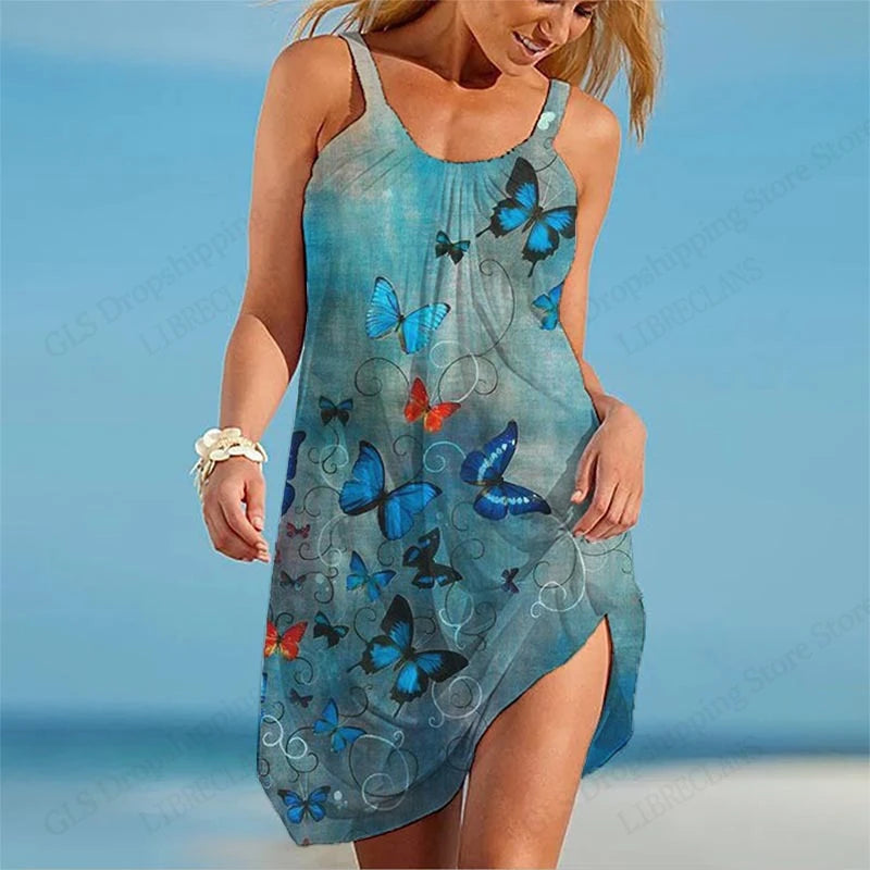 Abito da donna con cinturino da spiaggia elegante estivo senza maniche sexy bohémien con stampa floreale abito da sera per feste vestito estivo stile vintage