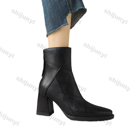 Woman Chunky Ankle Boots Women Zipper Retro Brown Soft Leather Short Boot Autumn New Square Toe Casual High Heel Booties Mujer