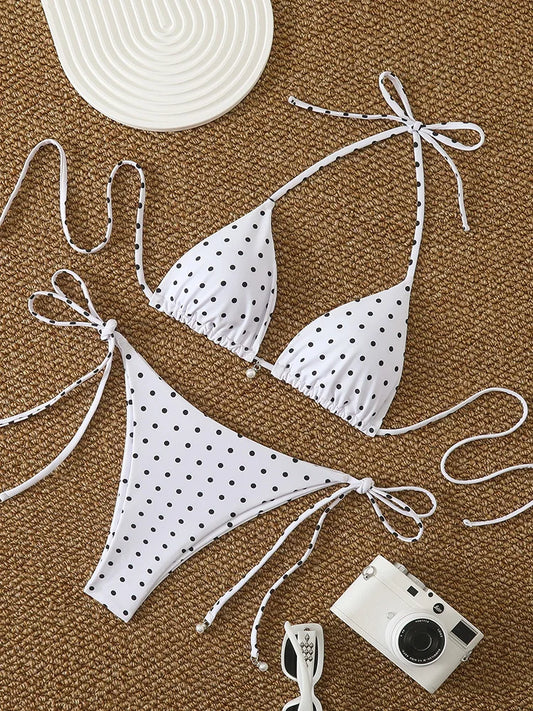 Ensembles de micro-bikinis sexy imprimé pois perle maillots de bain 2026 maillot de bain femme vêtements de plage femme plage été bikini deux pièces
