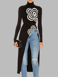 Modigirl Inverno Donna Pullover lavorato a maglia Top 2024 Fiore nero Design Slim Fit Asimmetrico Collo alto Maglioni lunghi per donna