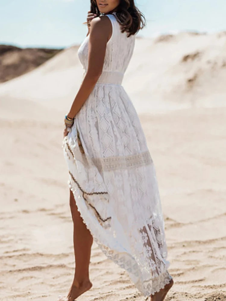 Women Summer Elegant Bohemian Maxi Dress Sleeveless Lace Trimmed Flared Dress Casual V-Neck Evening Party Long Dresses