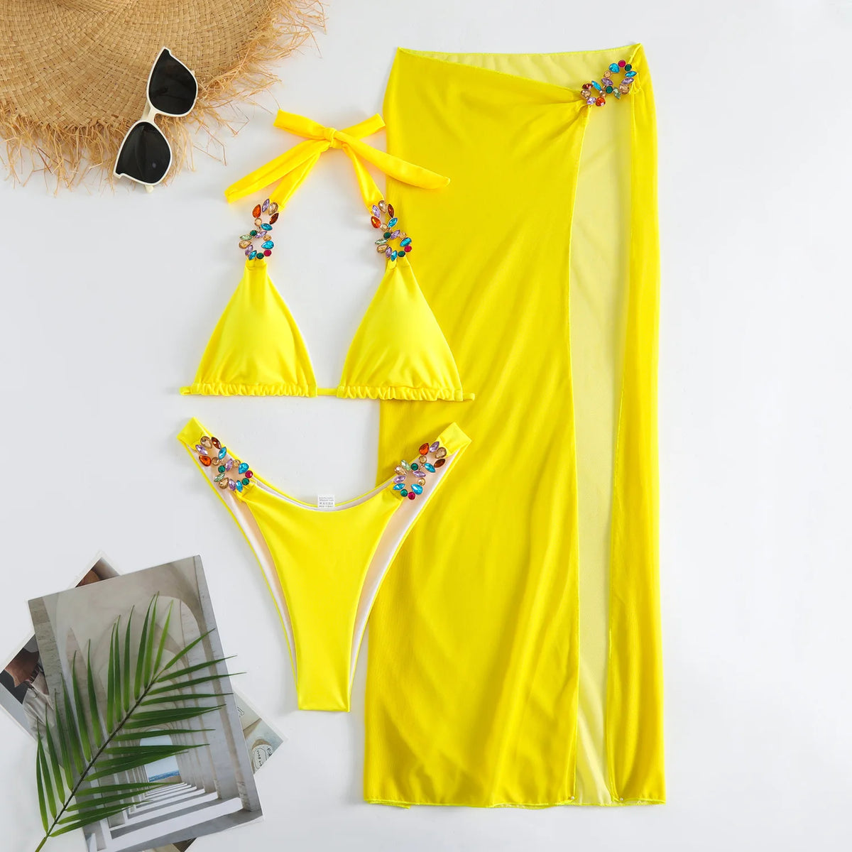 Bikini Giallo Sexy con Strass 2026, Costume da Bagno Femminile, Set Bikini Brasiliano, Abbigliamento da Spiaggia
