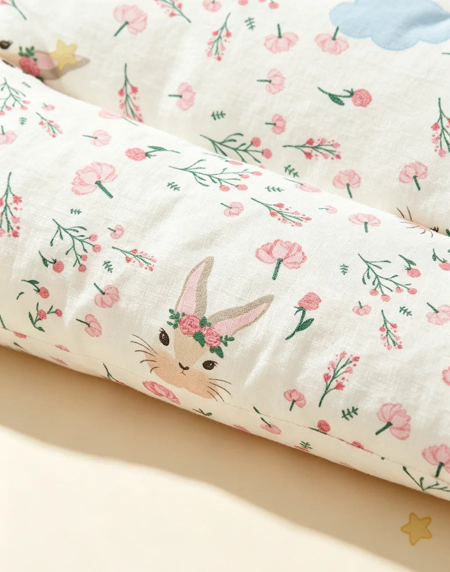 1 cuscino per bambini a forma di coniglio floreale, morbido e confortevole, in cotone 100%.