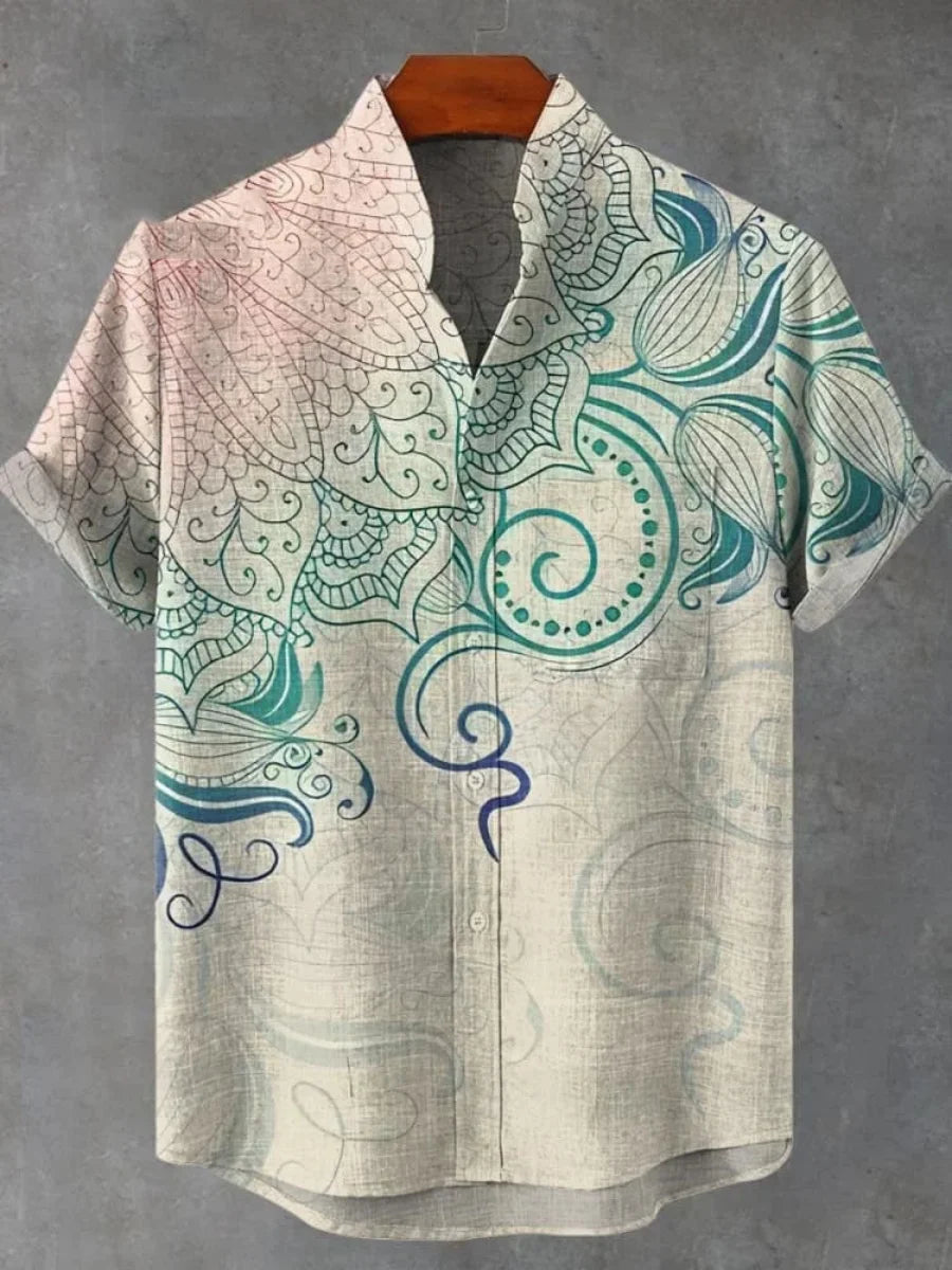 2025 Camicia a maniche corte con motivo floreale mandala da uomo Camicia estiva vintage nuova in lino Manica corta da uomo per il tempo libero Vacanza Streetwea