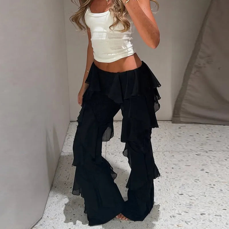 Eleganti Pantaloni a Zampa da Donna con Volant a Cascata in Chiffon a Vita Alta, Neri, Estivi 2026, Versatili, Nuovi