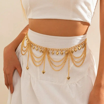 Chaîne de corps en métal pour l'été, chaîne de taille en or, argent et perles à pompon, style ethnique cœur, accessoires de plage