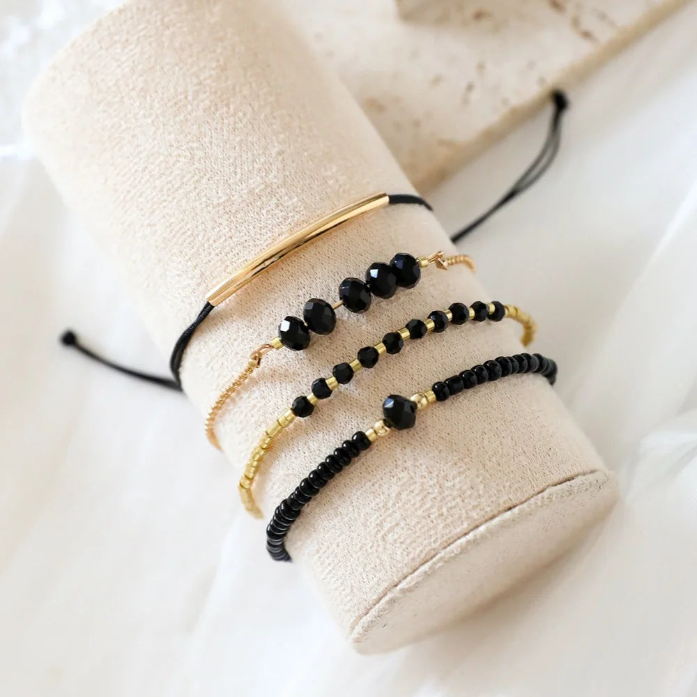 4 pièces/ensemble, bracelets tendance en pierre de verre noire pour femmes, bijoux bohèmes faits à la main