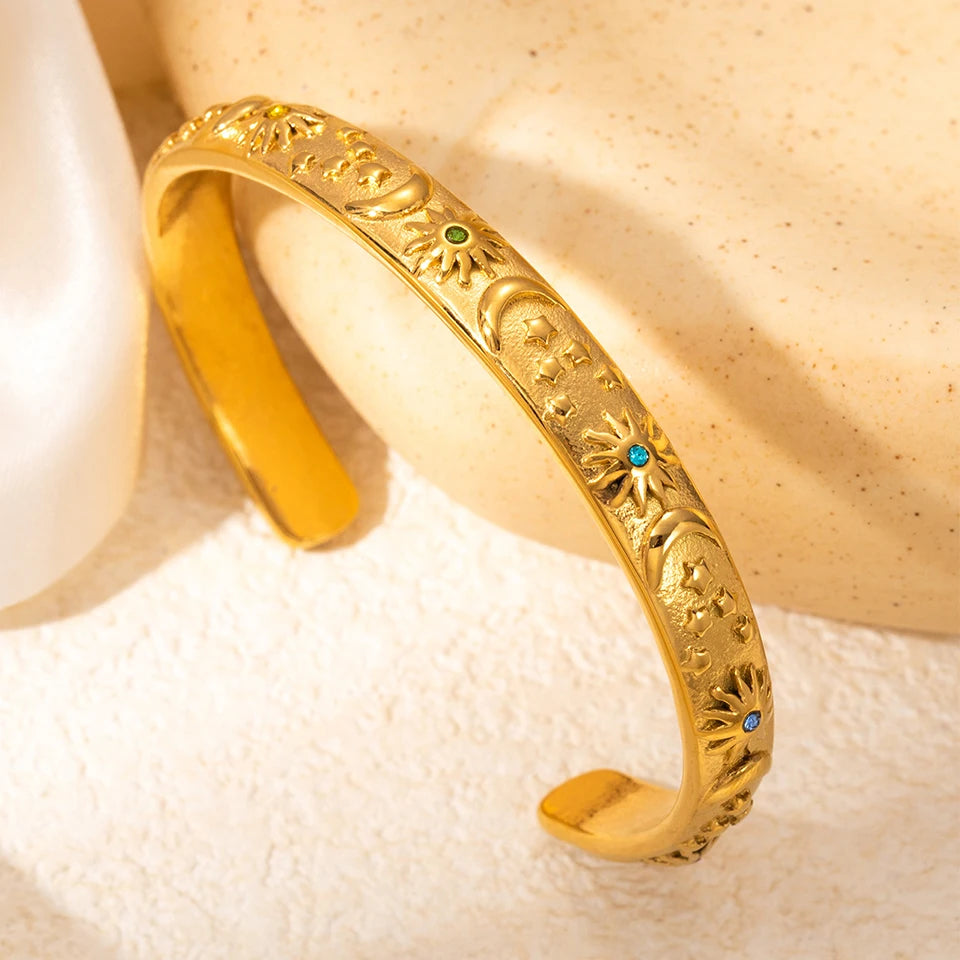 Bracciale rigido classico in acciaio inossidabile con stella lunare e sole, eleganti braccialetti aperti in metallo per le donne, regalo per feste
