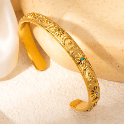 Bracciale rigido classico in acciaio inossidabile con stella lunare e sole, eleganti braccialetti aperti in metallo per le donne, regalo per feste