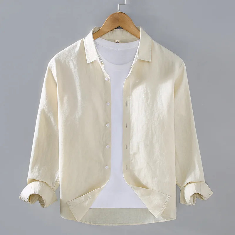 Camicia a maniche lunghe in lino 100% per uomo Primavera Autunno Moda Buona qualità Tinta unita Sottile e traspirante Camicetta con risvolto sano Top maschile