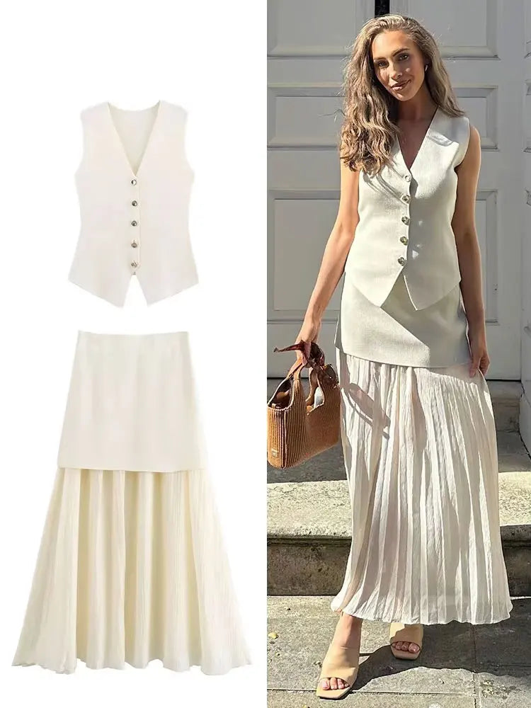 HH Set di gonne lavorate a maglia eleganti femminili 2024 Scollo a V con bottoni Canottiera + Gonna a pieghe patchwork a-line Abito solido alla moda