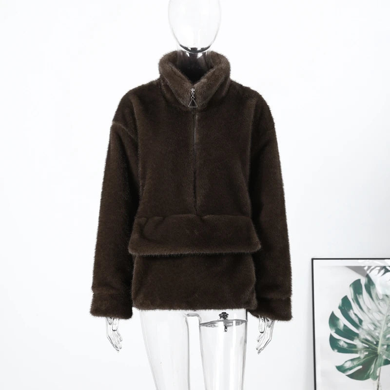 Cappotto da donna in pelliccia sintetica marrone con cappuccio Giacca da tasca a maniche lunghe di lusso oversize Lady 2025 Autunno Inverno Chic Street Capispalla
