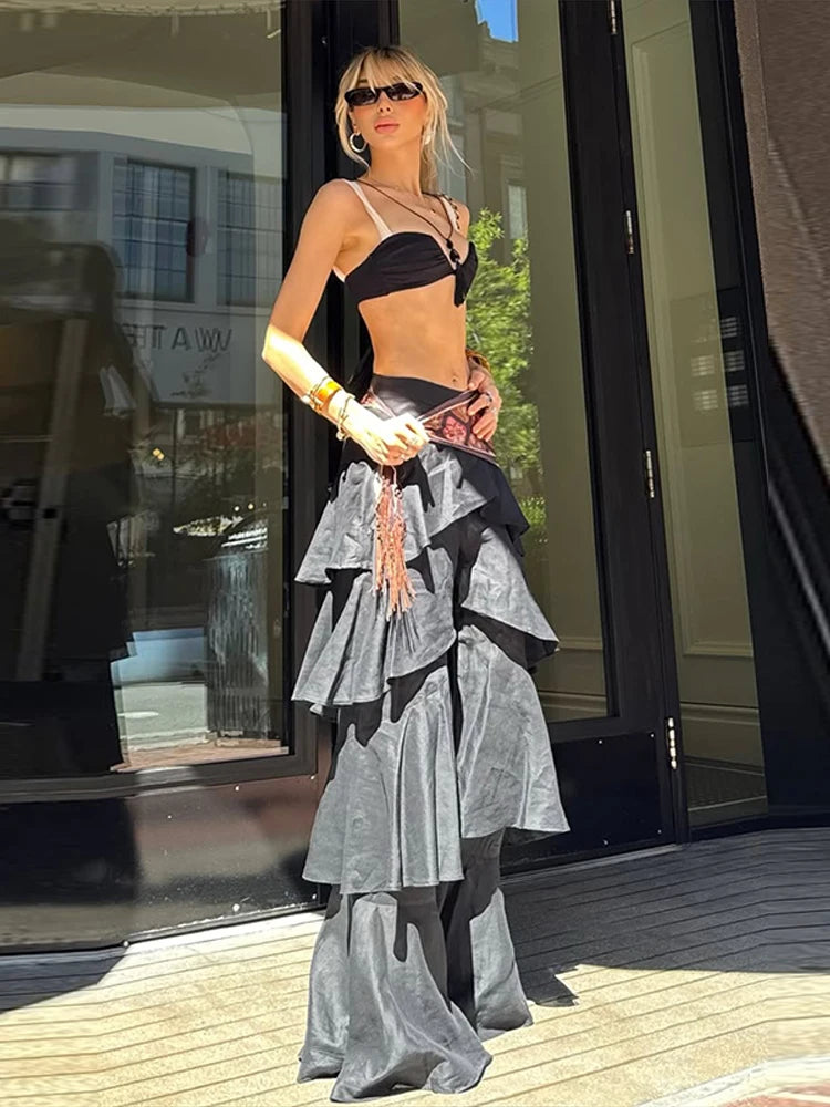 Eleganti Pantaloni a Zampa da Donna con Volant a Cascata in Chiffon a Vita Alta, Neri, Estivi 2026, Versatili, Nuovi