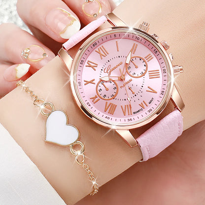 4 pezzi moda donna orologi semplice quadrante Roma orologio al quarzo cinturino in pelle da donna orologi da polso braccialetti a cuore set (senza scatola)