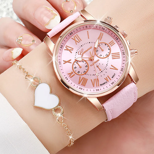 4 pezzi moda donna orologi semplice quadrante Roma orologio al quarzo cinturino in pelle da donna orologi da polso braccialetti a cuore set (senza scatola)