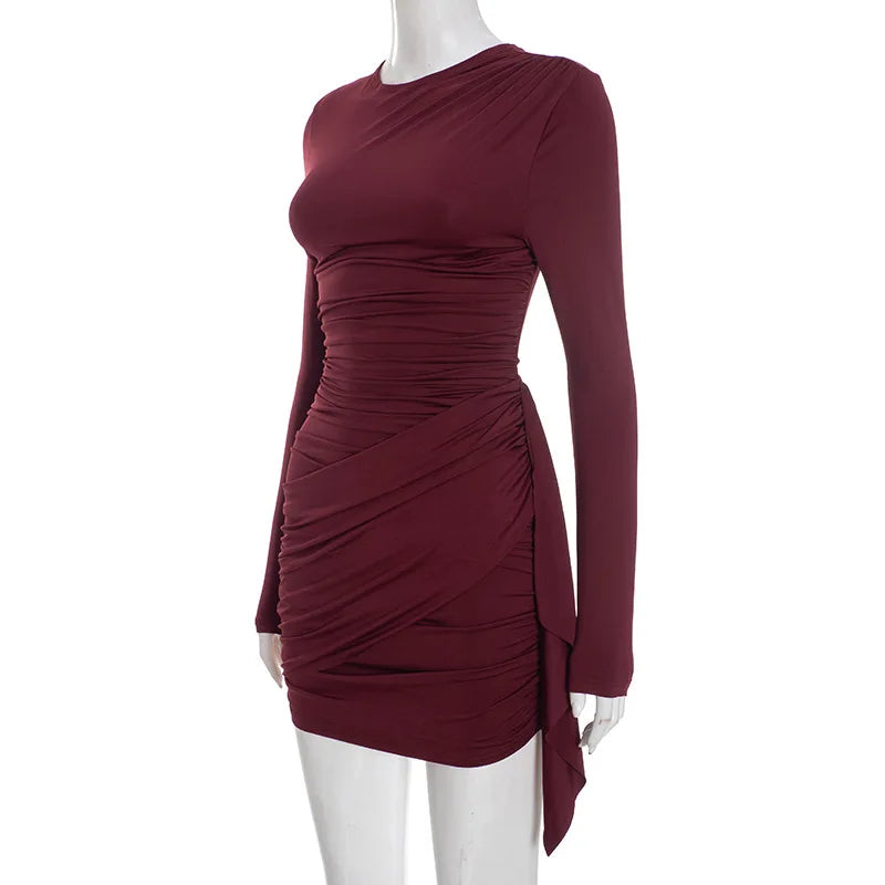 Abito tubino sottile solido girocollo Moda donna manica lunga avvolgente corto mini abiti a vita alta Lady 2026 abito da sera per feste